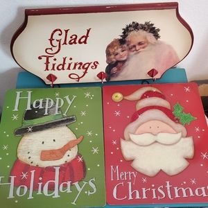 Lot of 3 Wall Signs Christmas Decor Glad Tidings Happy Holidays Merry Christmas